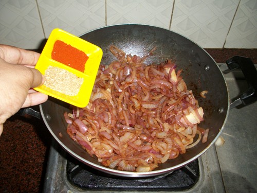 add in chilli and coriander powder in onion chutney