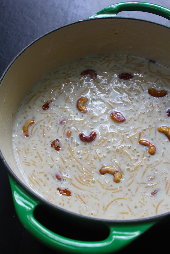 semiya payasam served in the cooking pot with fried cashews and raisins garnish