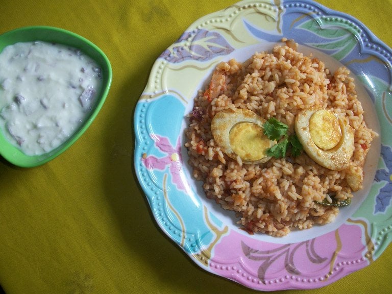Egg Rice / Tomato Flavoured Masala Rice with Spiced Up Eggs Leftover