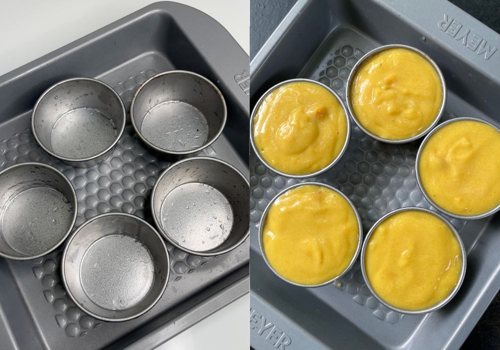 steel pudding moulds and pudding filled in moulds