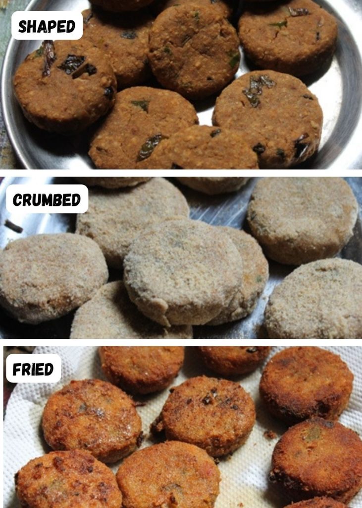 chicken cutlets shaped, breaded and fried