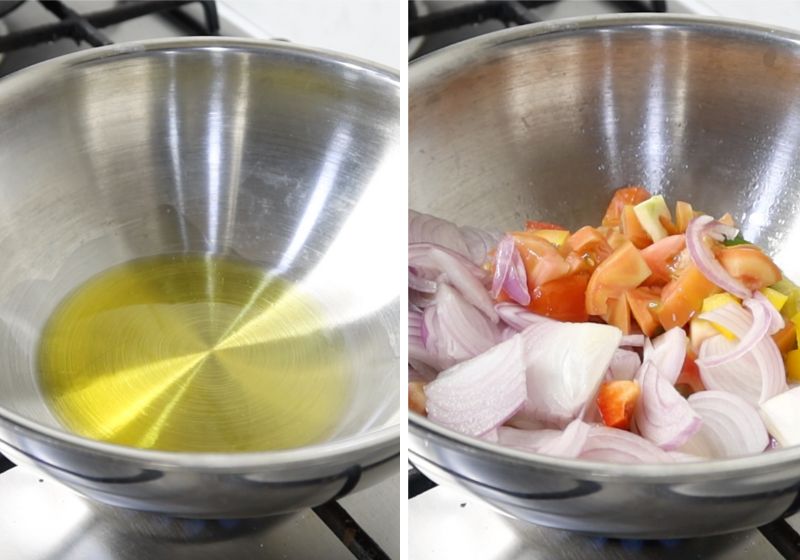 saute onion tomato and capsicum in olive oil for chicken filling