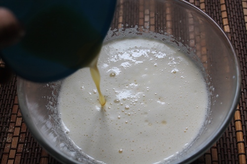 melted butter added to eggs and sugar