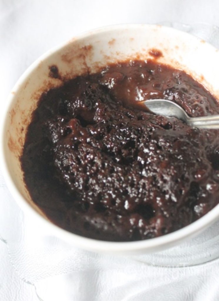 close look of microwave chocolate pudding in a bowl