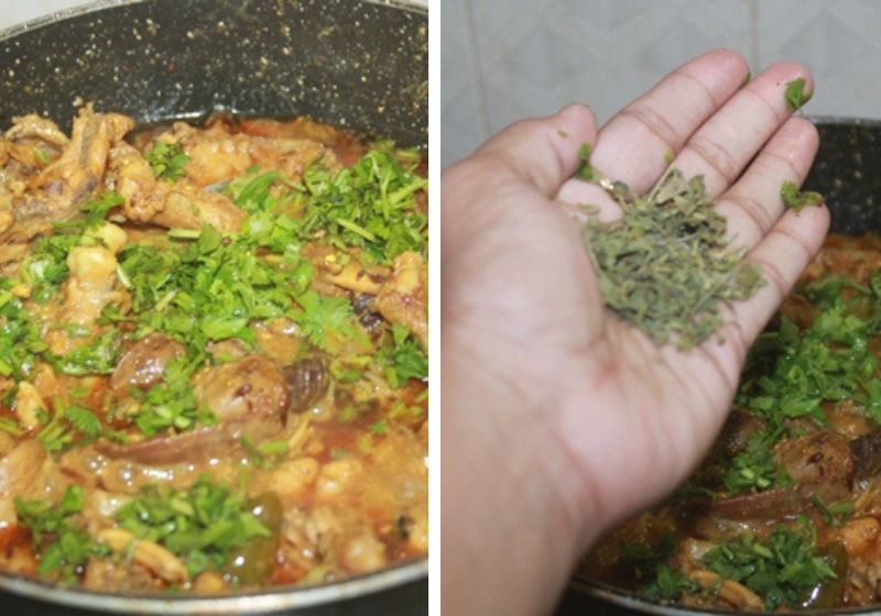 add in coriander leaves and kasuri methi leaves as garnishing