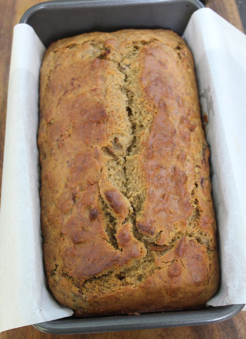 banana bread displayed in a loaf pan