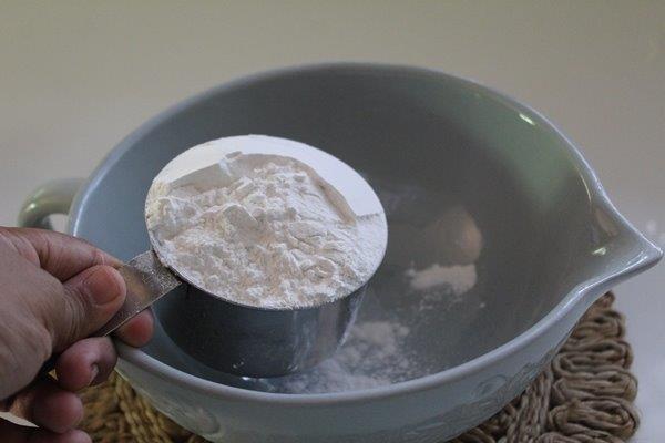 take one cup of rice flour in a bowl for making Mochi Donuts
