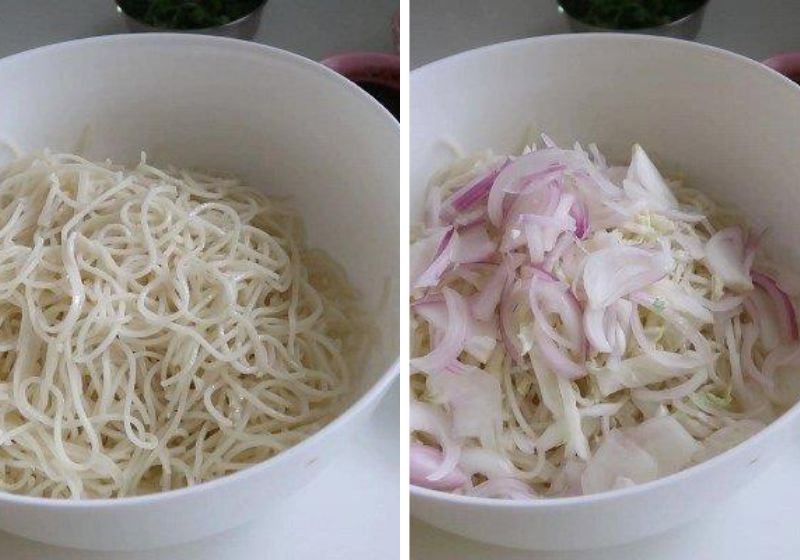 mix noodles, onions and cabbage