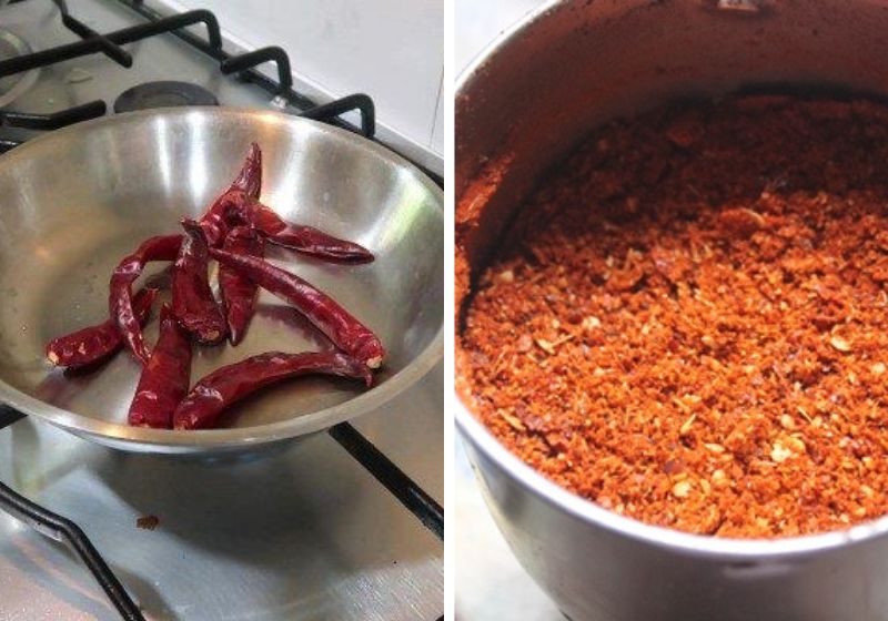 roast dry red chillies and powder 