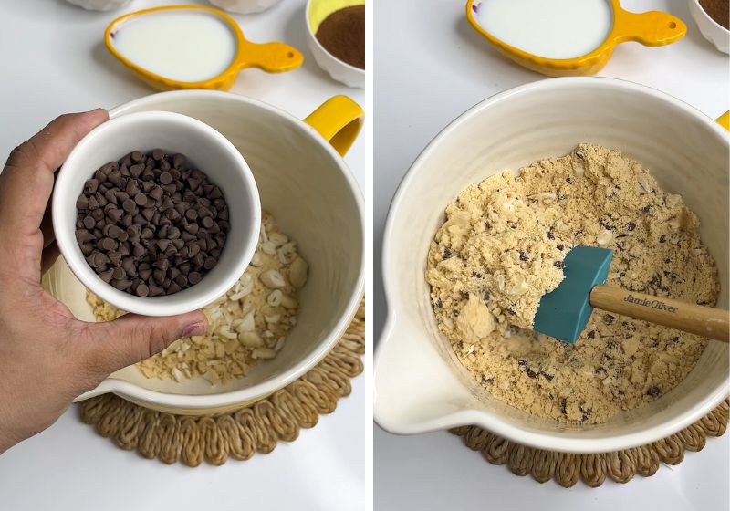 add chocolate chips to biscuit powder for making biscuit bar