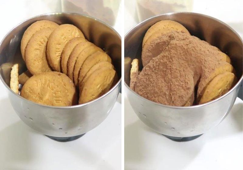 take biscuits and cocoa powder in a blender for making Biscuit Bar Using Cocoa Powder