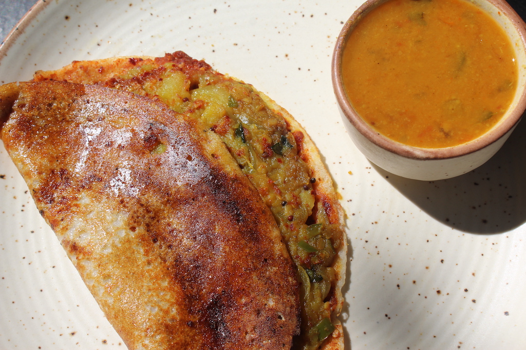 mysore masala dosa served with chutney and sambar