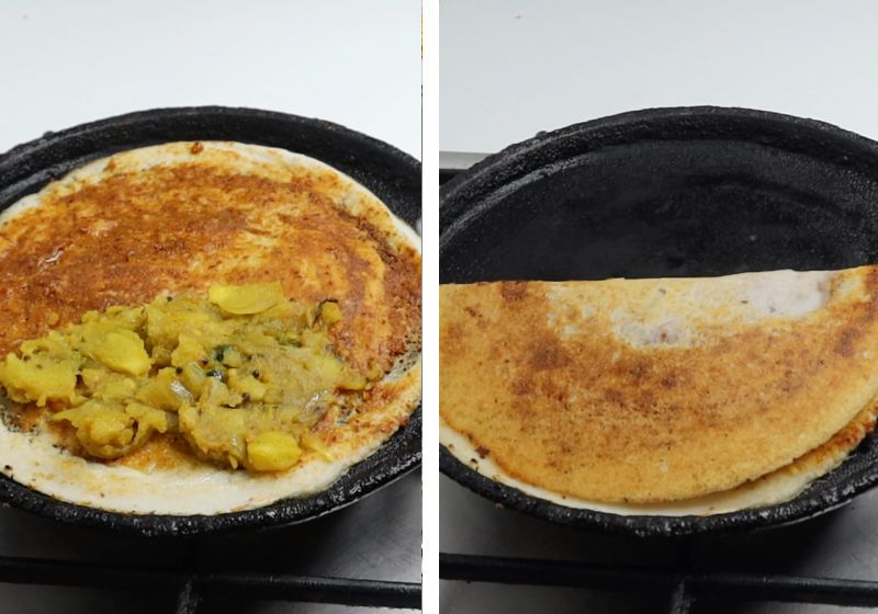 spread potato masala over dosa and fold