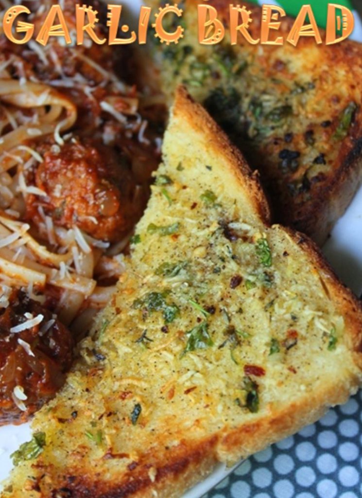 crispy garlic toast served with spaghetti