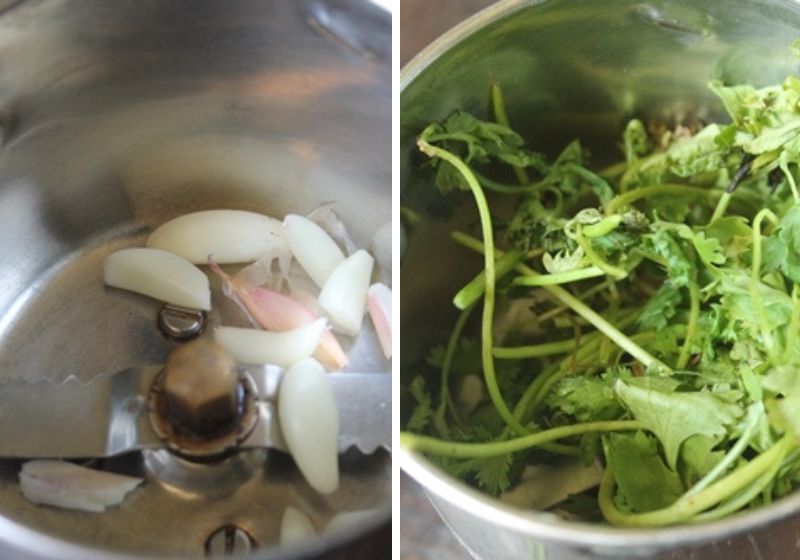 take garlic and coriander leaves in a blender