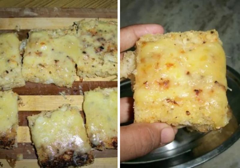 cut cheesy garlic bread into pieces