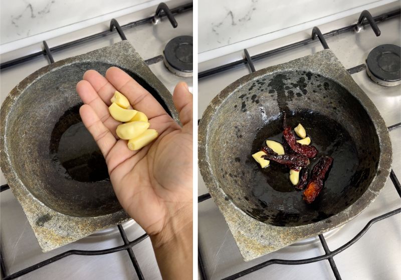 fry garlic and dry red chillies in oil