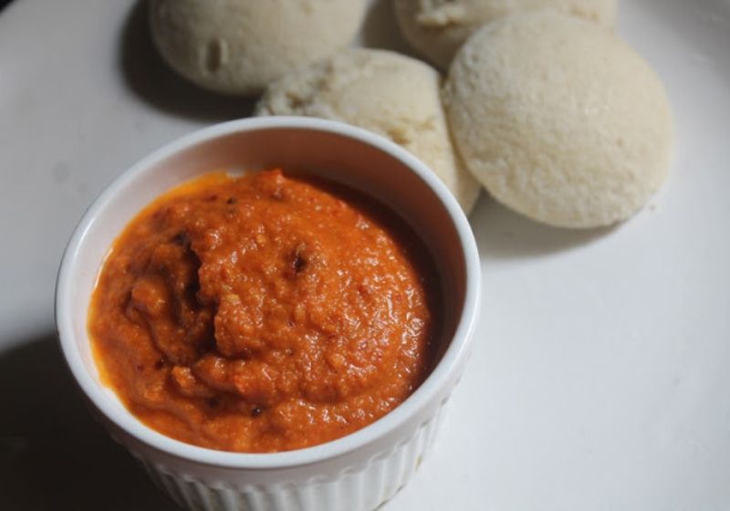 tomato peanut chutney served with quinoa idli