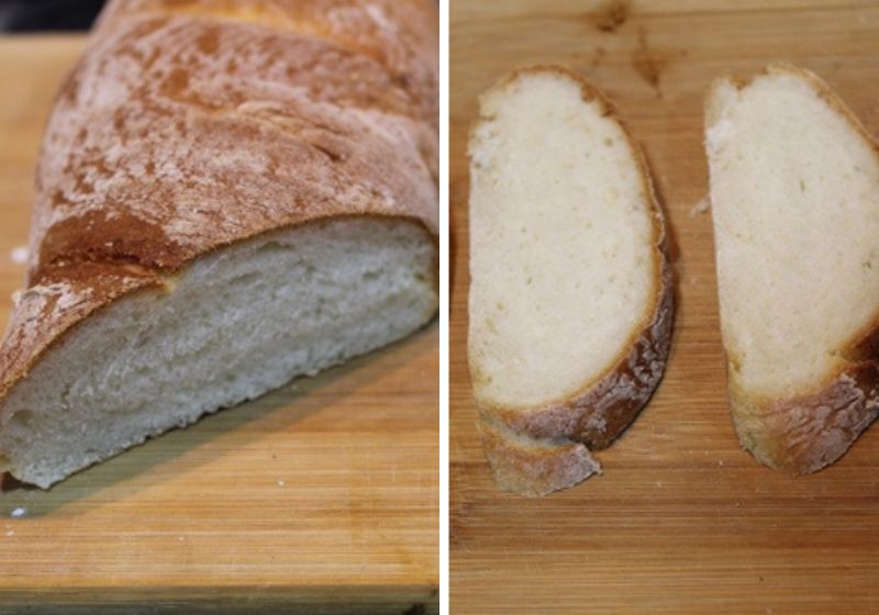 slice french bread into pieces and toast in a pan