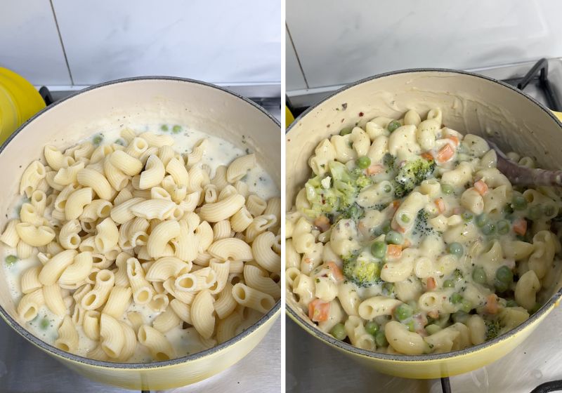 add in cooked pasta and mix well. White sauce pasta with vegetables ready to serve.