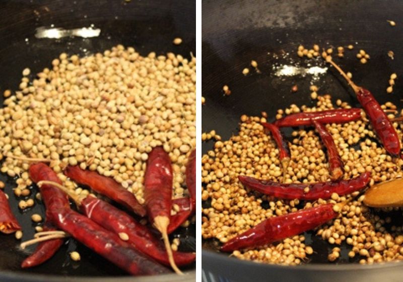 roast coriander seeds and dry red chillies