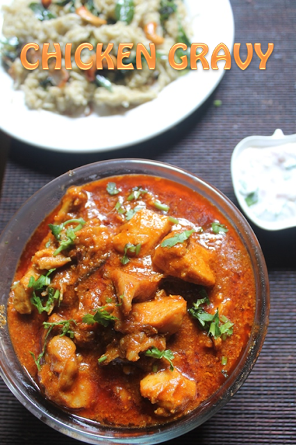 chicken gravy served with rice, roti and raita