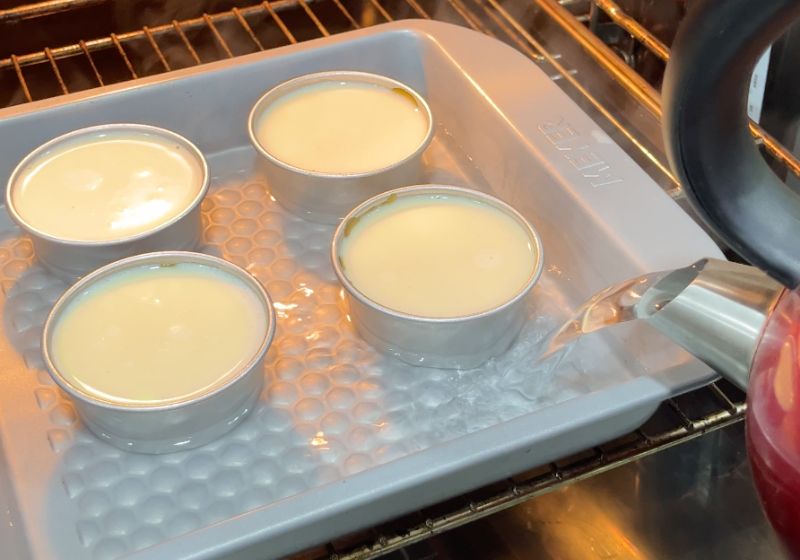 Baking caramel custard in Water Bath or Bain-Marie