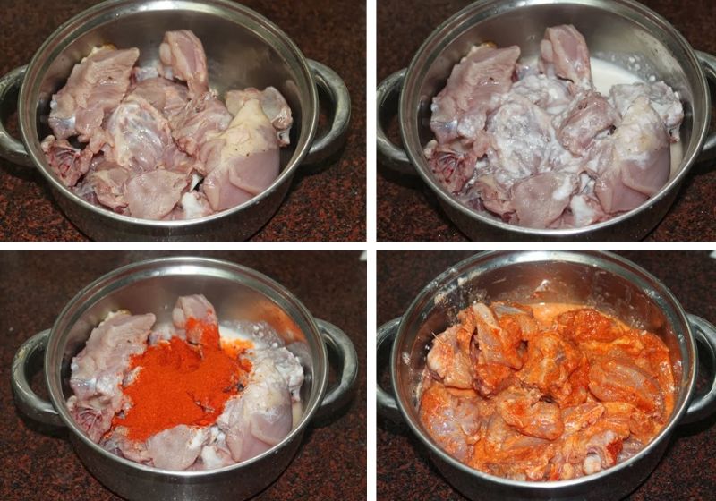 marinate chicken with curd, ginger, garlic, salt and spice powders