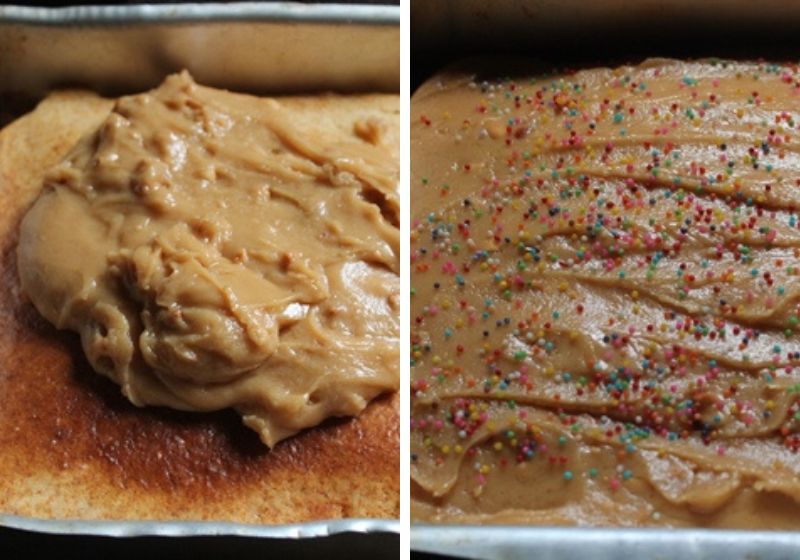 spread peanut butter frosting over cake.
