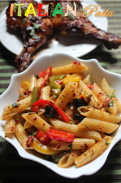 italian pasta served with barbeque chicken