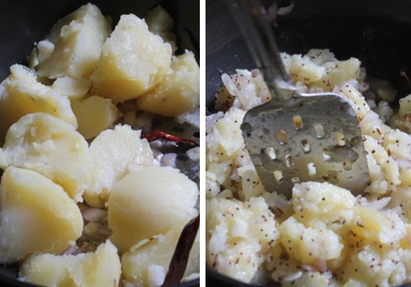 add boiled potatoes and break into small pieces