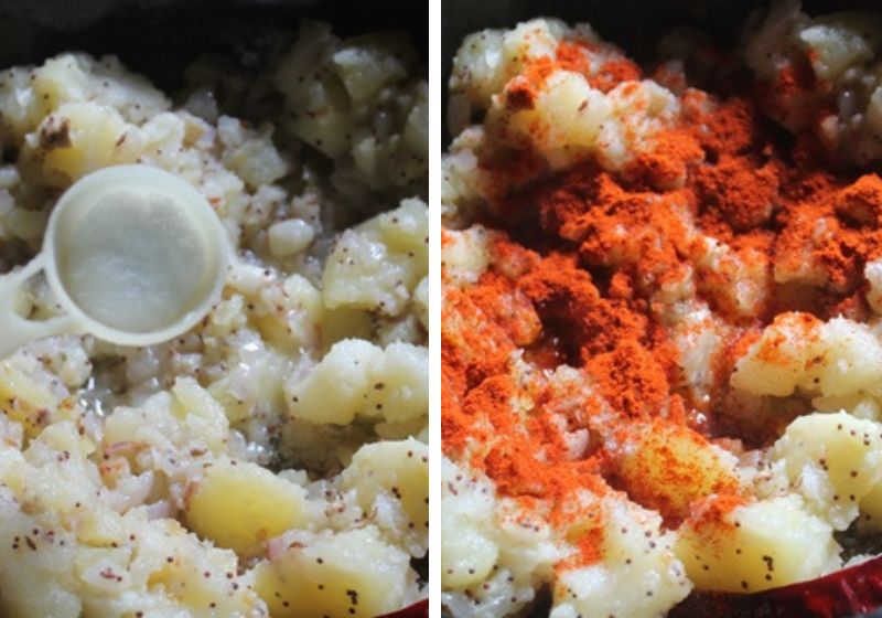 add salt and chilli powder for Madurai Urulai Pottalam Recipe