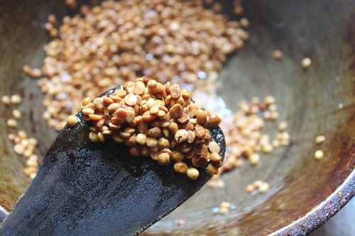 golden brown toor dal for making Paruppu Thogayal 