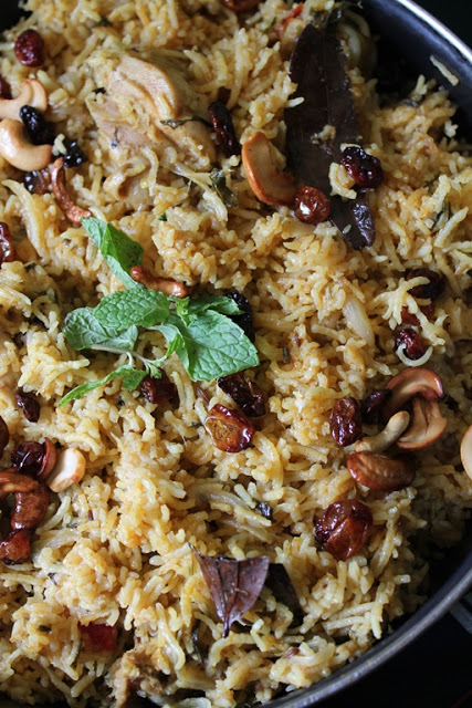 close shot of fluffy chicken biryani made in a cooker