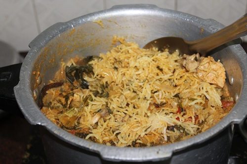chicken biryani made in a pressure cooker is ready