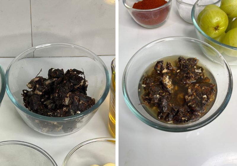 soak tamarind in hot water for Andhra Amla Pickle | Usirikaya Pachadi