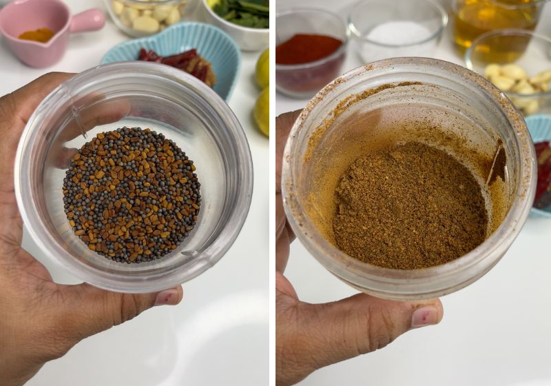 take mustard and fenugreek in a blender to make fine powder