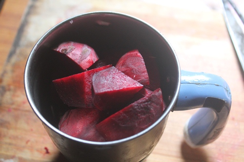 natural beetroot rose syrup is made using peeled, cubed beetroots