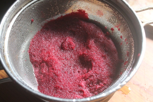 pass beetroot puree through a sieve to extract beetroot juice