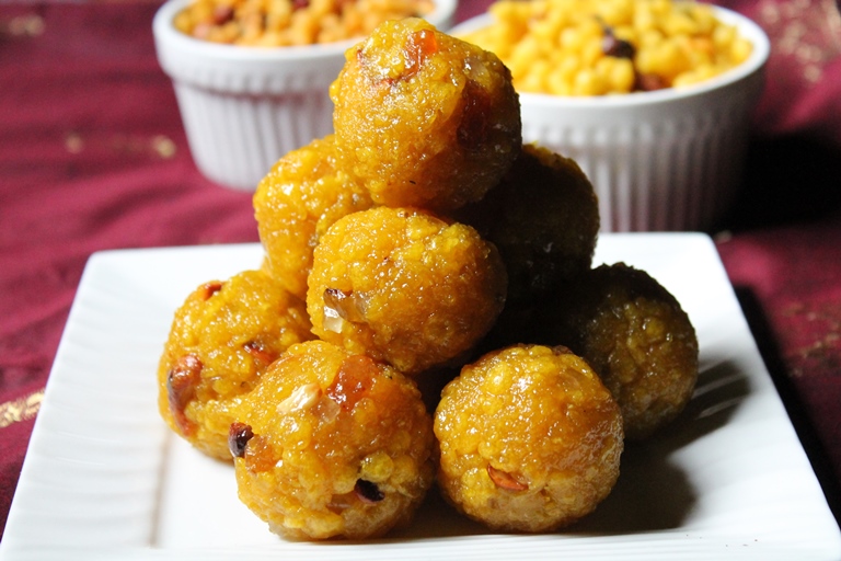 boondhi ladoo stacked on a plate