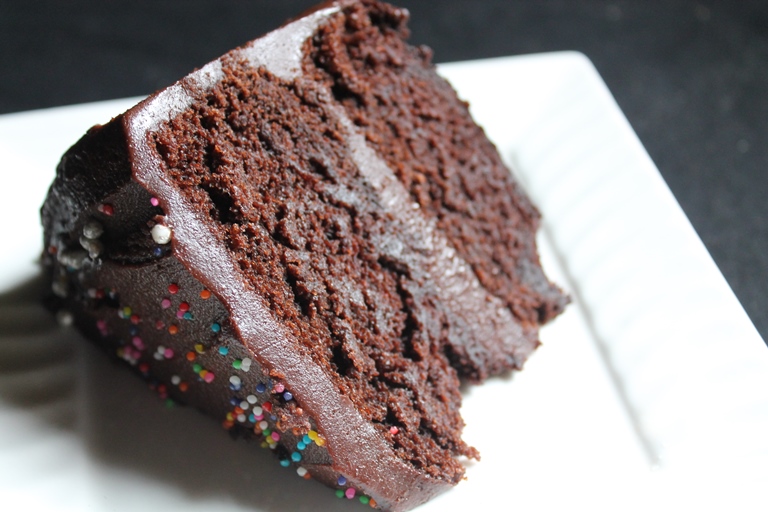 moist chocolate layer cake with chocolate ganache