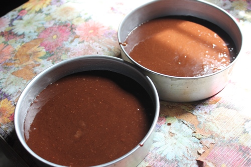 divide the chocolate cake batter between two cake pans