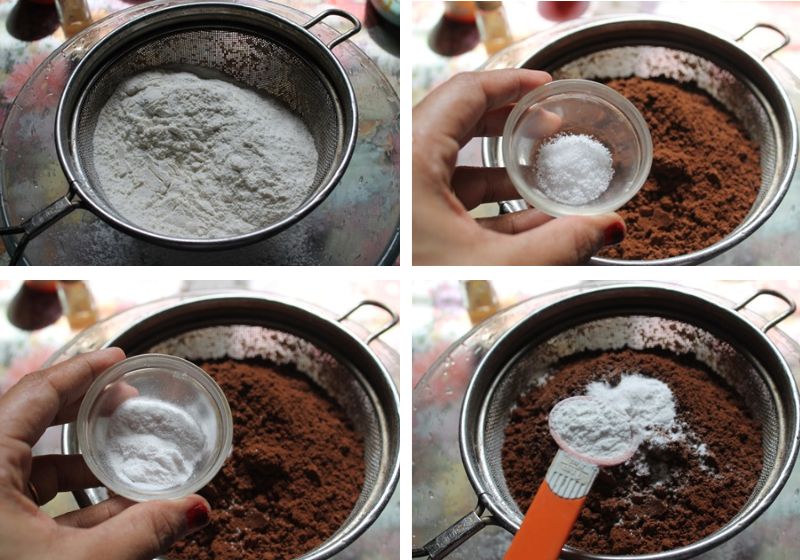 sieve flour, cocoa, baking soda, baking powder and salt. 
