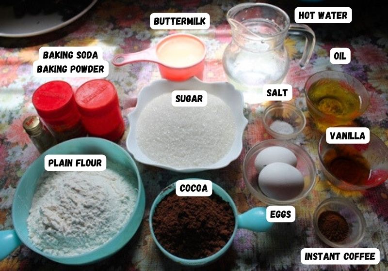 ingredients used for making moist chocolate cake