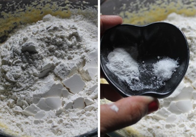 add plain flour, baking powder and salt to butter sugar mix