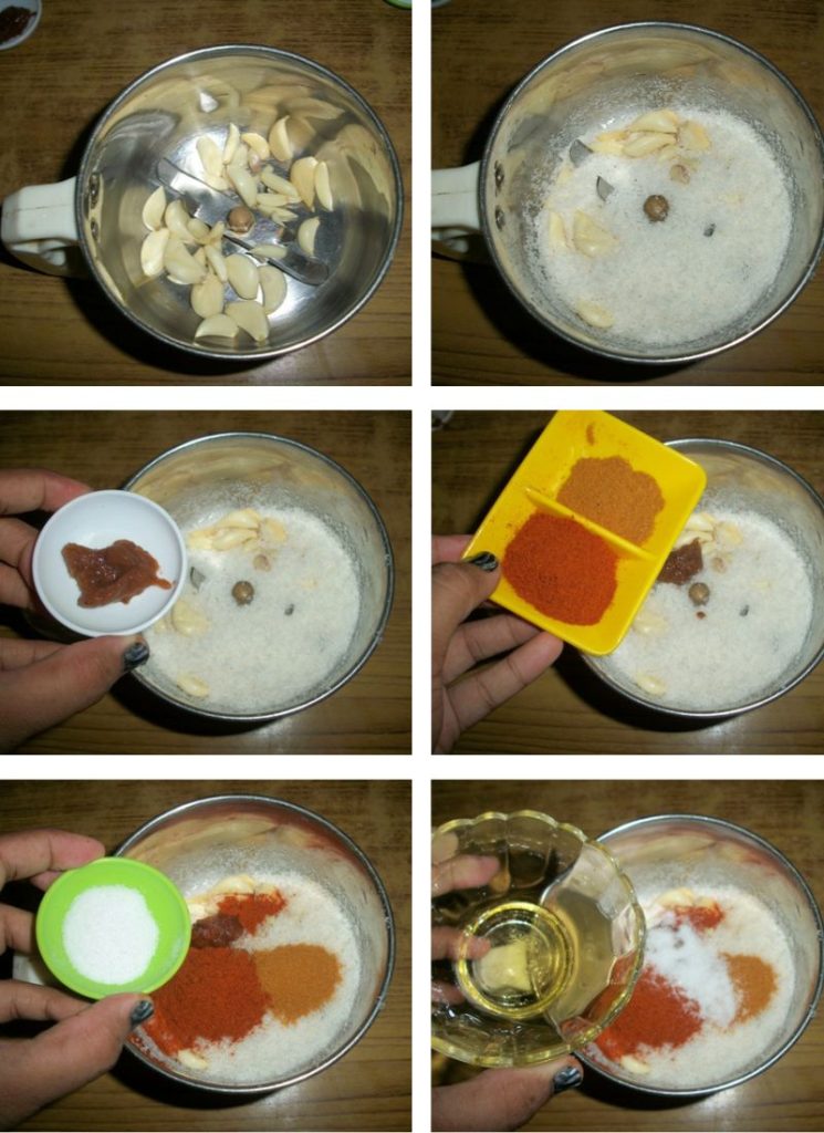 take garlic, dry coconut, chilli powder, cumin powder, tamarind, salt, oil in blender and grind till coarse.