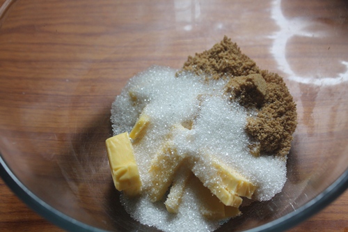 butter, sugar and brown sugar in a bowl