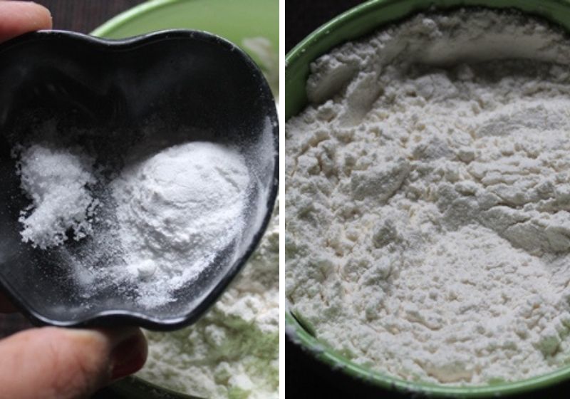 mix salt, baking powder with plain flour