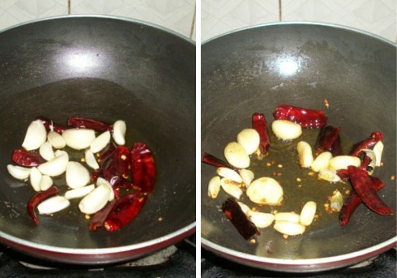saute garlic with dry red chillies in oil