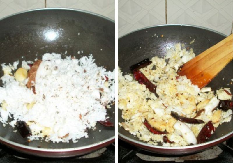 add in grated coconut and toast till light golden